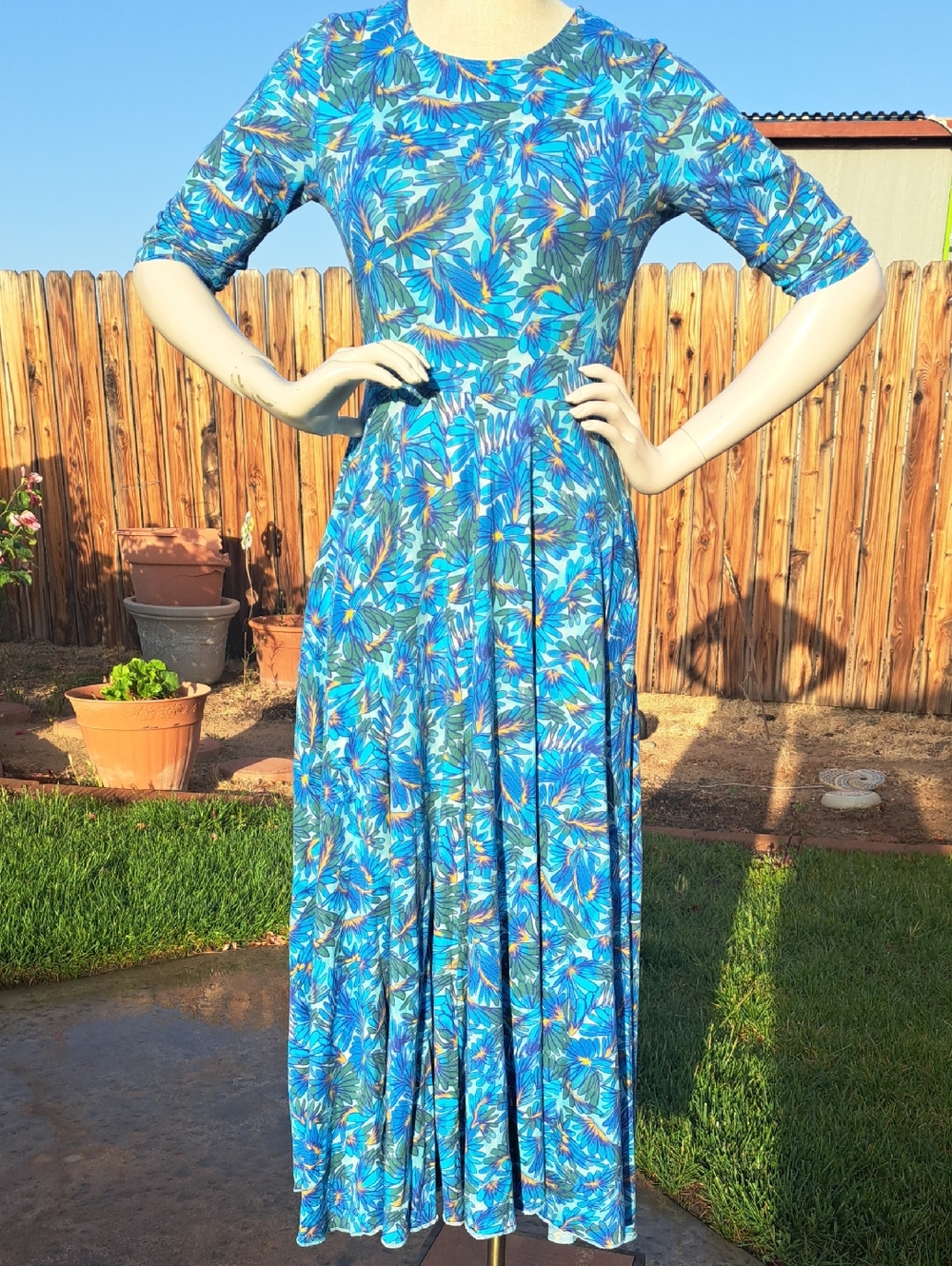 Peruvian Connection Pima Cotton Floral Dress Women’s Small Blue Midi Pockets